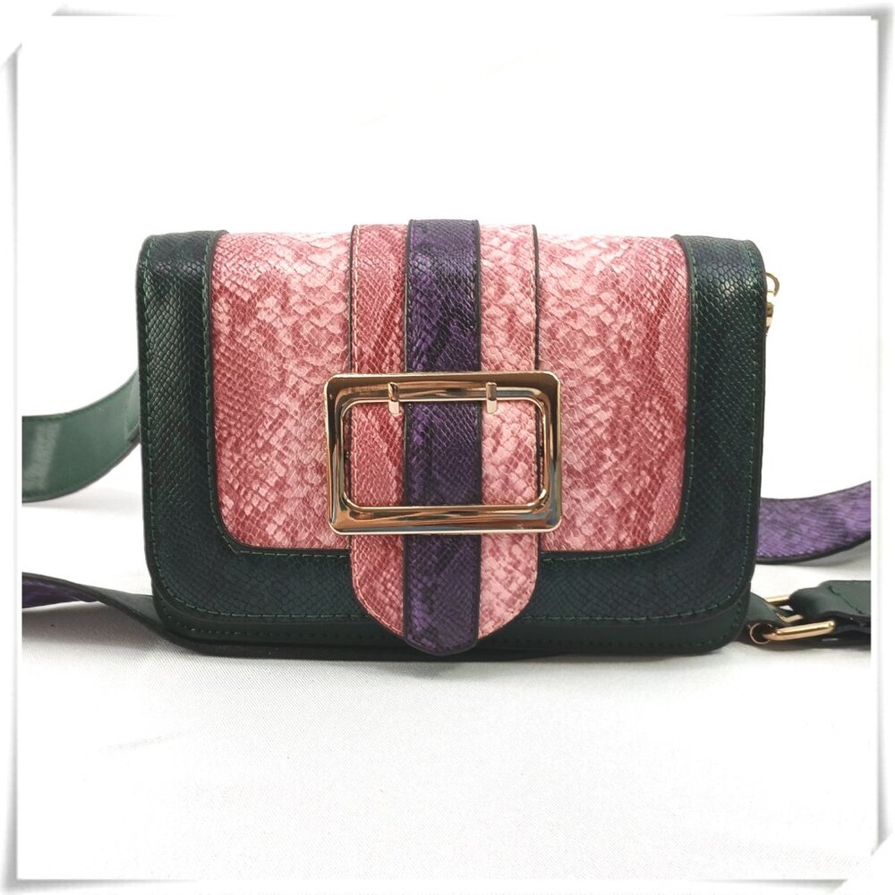 💲Sale 3/$15 -Dark Green Pink Snake Print Gold Buckle Crossbody Bag Clutch NWOT